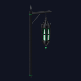 The Gravewarden Lantern flag: a black lantern with a green light, hanging from a hooked iron post.