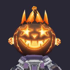 The Inferno Jack head on a bot: a pumpkin glowing orange through its cracks, with star eyes and flames on top.