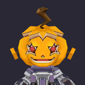 The Jack Head on a bot: a bright orange pumpkin with red star eyes and a wide smile.