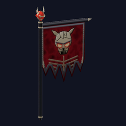 The Ossuary Banner flag: a red banner with a horned skull, hanging from a black pole topped with a red gem.