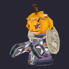 A bot wearing the Jack Head with the bone-white Skeleton Shield on its arm and the skull-shaped Skeleton Shoulder.