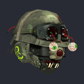The ZombieSoldier head: a battered camouflage army helmet with a bullet hole, two eyeballs dangling from its smashed goggles and a grin of broken teeth.
