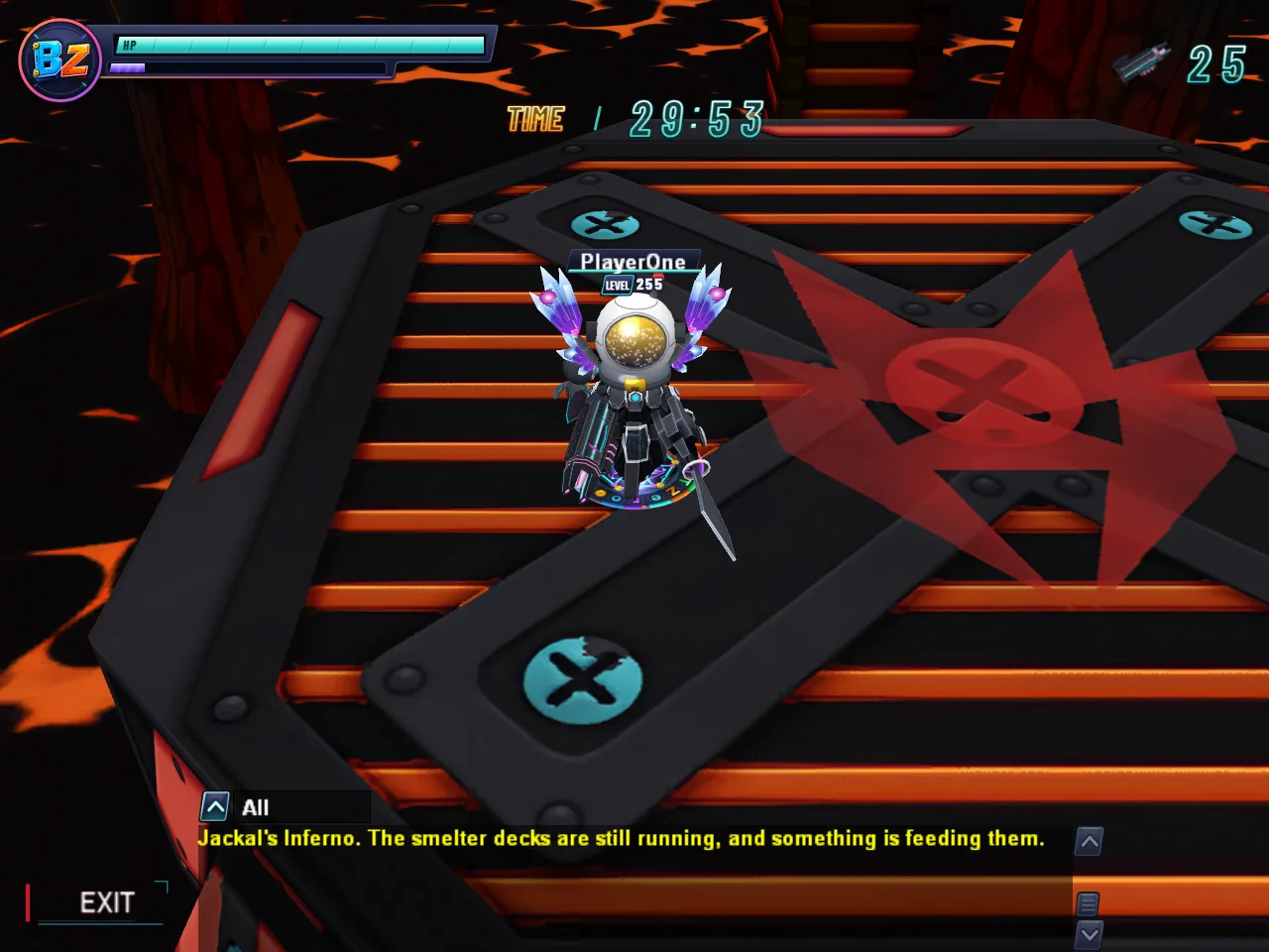 PlayerOne in the new gear on the red and black smelter deck of the new Jackal's Inferno map.